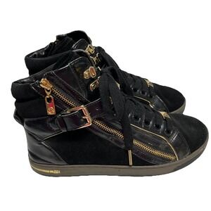 Michael Kors Sneakers Womens 8 Frankie Black Metallic Gold Stud Leather